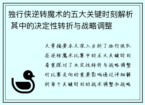 独行侠逆转魔术的五大关键时刻解析 其中的决定性转折与战略调整